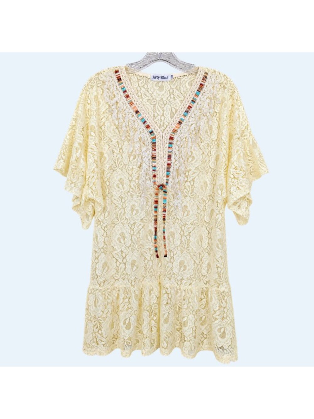 Arty Blush Tunic Womens S M Lace Cream Boho Bell Sleeve Ruffle Cotton Blend